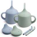 Moonkie Silicone Baby Sippy Cups | 3 Stages Training Cup Straw Cup for Infants Toddlers and Kid | 4 oz 2Pack (Sage + Ether)