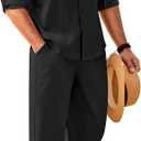 COOFANDY Mens Linen Sets 2 Piece Long Sleeve Button Down Cuban Shirt and Pants Set Summer Beach Set Outfits (Black, S)