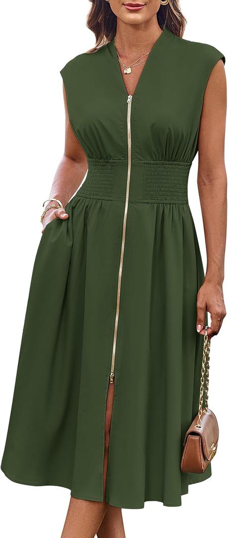 GRACE KARIN Womens Summer Casual Dress, Business Office Work Dresses, Cap Sleeve Zipper Front Flowy Midi Dress with Pockets (Green, XL)