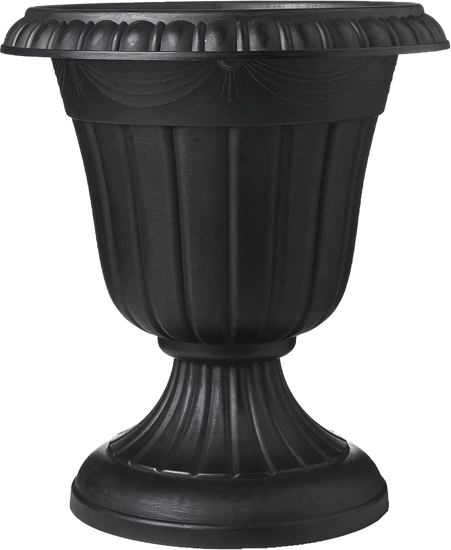 Arcadia Garden Products Small 10x12” Classic Traditional Plastic Urn Planter, Indoor/Outdoor Garden Plant Pot Garden Décor, Black