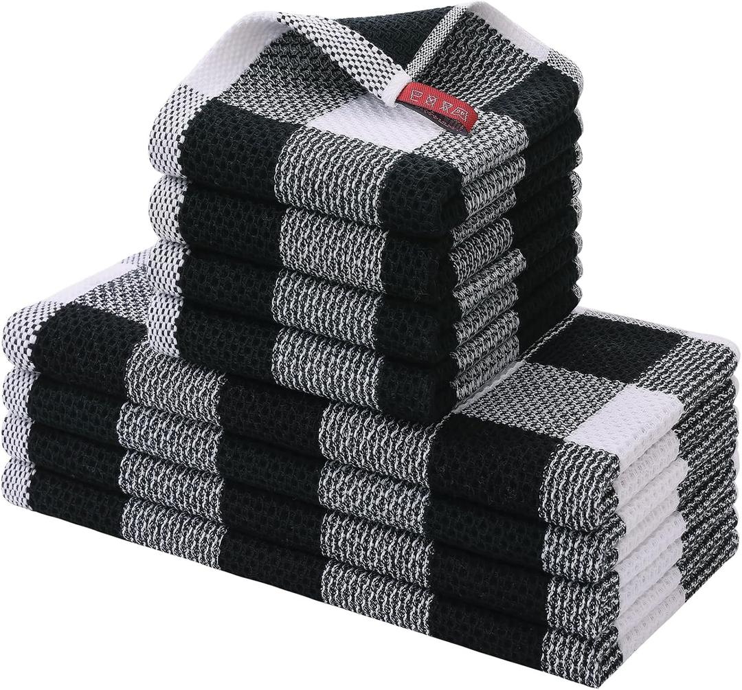 homing Buffalo Plaid Kitchen Towels and Dishcloths Set, 12" x 12" and 13" x 28", Set of 8 Bulk Cotton Waffle Weave Dish Towels, Super Soft Absorbent Hand Towels for Kitchen, Large Black & White Check