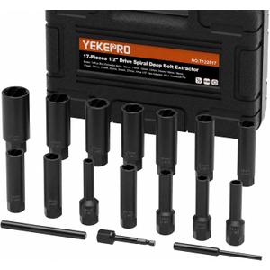 17PCS 1/2" Drive Deep Bolt Extractor Set (85mm Length), Cr-Mo Steel Spiral Socket Set for Removing Damaged, Frozen, Rusted, Stripped & Rounded-Off Bolts, Nuts & Screws