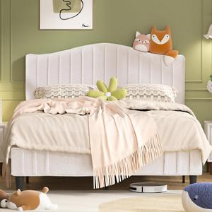 VECELO Queen Size Upholstered Platform Bed Frame with Adjustable Headboard, Luxurious Sheepskin Fabric, Strong Wood Slats, 7.9'' Under Bed Clearance, Noise-Free Design, Beige