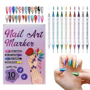 10-Color Metallic Glitter 3D Nail Art Pen Set, Double-Ended Dotting & Coloring Pens, Soft + Hard Tips, DIY Nail Art Creative Graffiti Tool