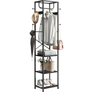 ELYKEN Coat Rack Freestanding, Hall Tree with 3 Storage Shelves and 12 Hooks, Metal Clothes Rack Stand Organizer for Bedroom, Hallway, Entryway, Office, Living Room, Black