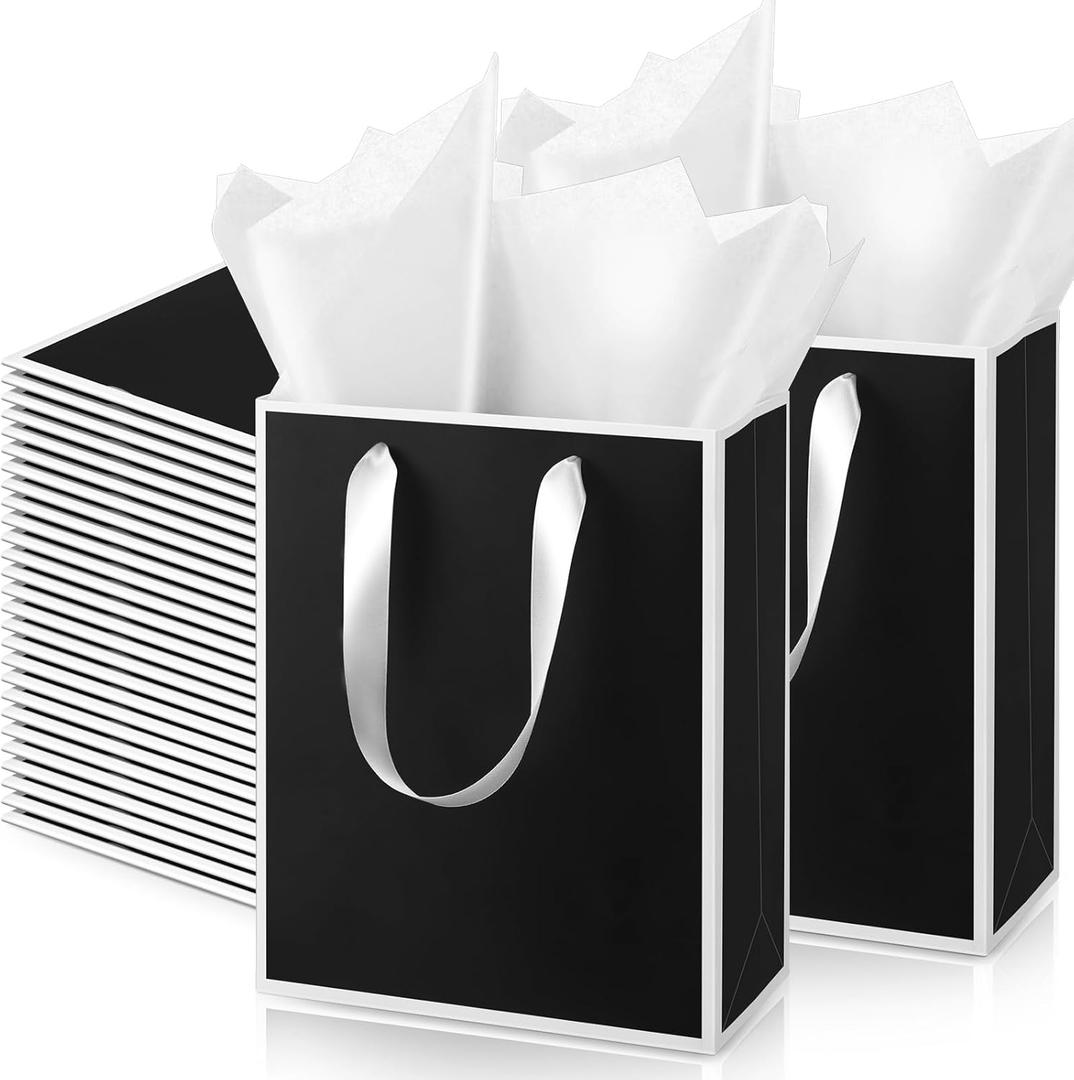 Yeaqee 50 Pack Metallic Gift Bags with Handle and Tissue Paper Gold Foil Thank You Bag for Graduation Wedding Groomsmen Bridal Baby Shower Gifts Holiday Party Favors 9x7x3.15'' (Black White)