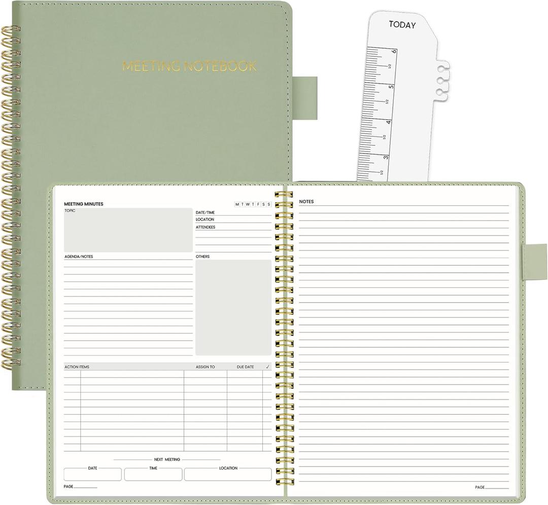 SUNEE Half Meeting Half Note - 7.5"x10" Professional Notebooks for Work - 160 Pages, B5 Size Project Planner, Spiral Meeting Agenda Organizer for Women Men, Note Taking,Office with Vegan Leather Cover (Sage Green)