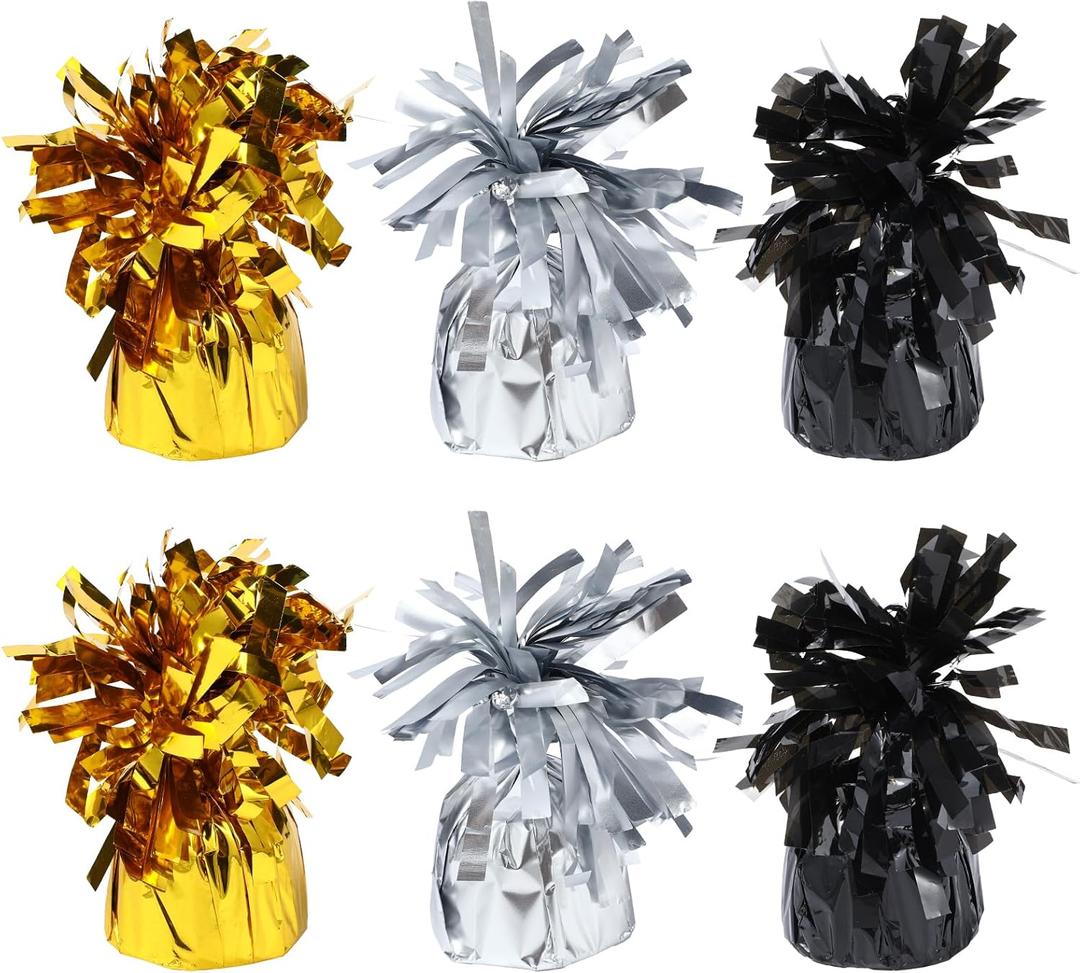 6 Pack Gold,Silver,Black Balloon Weights Metallic Holder Anchors Balloon Holder Weights for for Birthday 2025 Graduation Party Christmas Wedding Celebration Decoration (Gold,Silver,Black)