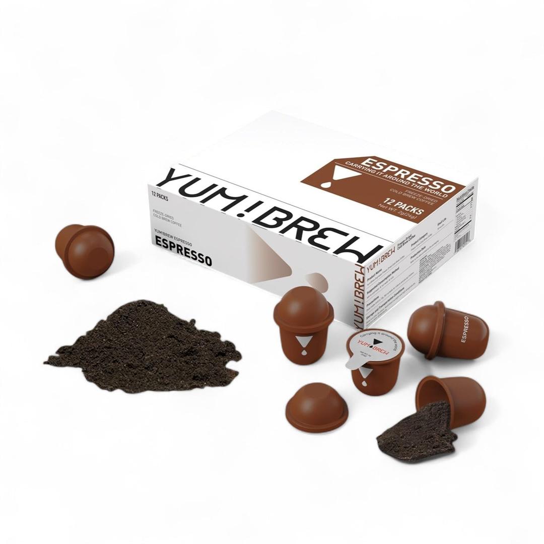 Yum!Brew Instant Espresso Coffee  Freeze-Dried Arabica from Yunnan | 12 Single Servings | Bold & Smooth | Hot or Cold Brew | No Sugar | Low Calorie | Travel-Friendly Mini Pods (EXP 11/17/24)