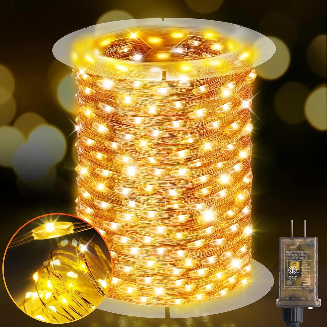 KNONEW 203FT 600 LED Outdoor Fairy Lights Plug in, Christmas Fairy Lights Outdoor Waterproof 8 Modes Memory Times for Wedding Bedroom Walls Garden Trees Decoration(Warm White)