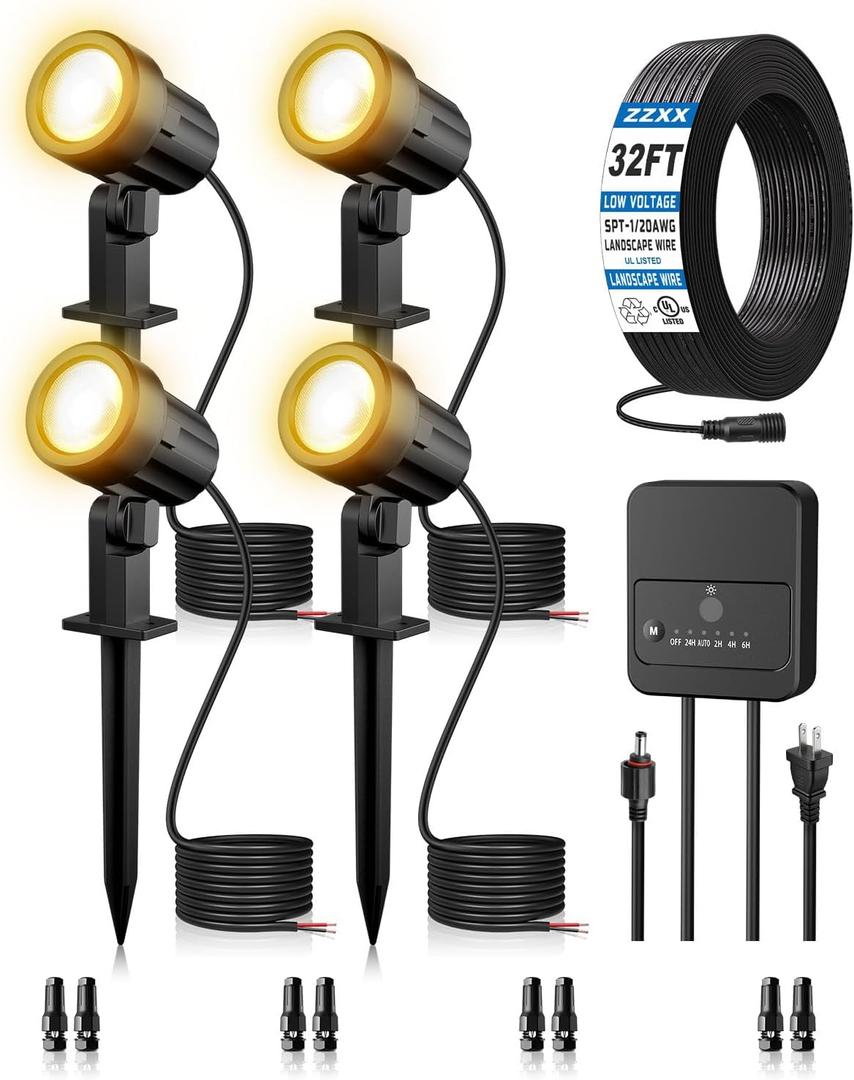 ZZXX All-in-One Low Voltage Landscape Lighting Kit, 4-Pack LED Landscape Lights with Transformer 32FT Wire and Connectors, 2700K Waterproof Landscape Spot Lights for Garden Yard House Tree