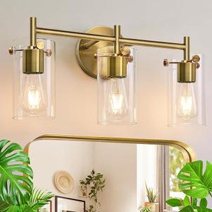Bathroom Light Fixtures 2023 Upgrade, 3-Light Brushed Gold Bathroom Vanity Light, Gold Bathroom Lights Over Mirror with Clear Glass Shade, Bathroom Wall Sconces for Mirror Bedroom Living Room Hallway