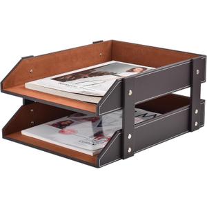 Leather Desk Organizer,2-Tier Stackable Letter Tray Holder,Office Supplies Desktop Storage Box for Document,Stationery,Magazines,Newspapers,Letters and Other Home Office Paper Sundries,Coffee