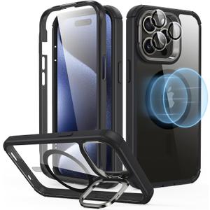 ESR for iPhone 15 Pro Max Case with Stand, Compatible with MagSafe, Full-Body Military-Grade Drop-Proof Case with Built-in 9H+ Tempered Glass Screen Protector, Armor Series, Clear Black