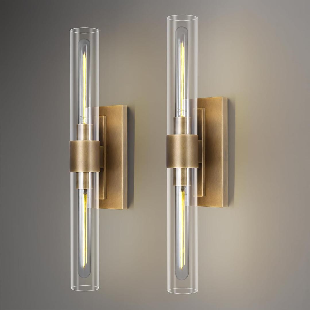 Modern Brass and Glass Wall Sconces, 24" Vanity Lights for Bathroom 2 Lights, Horizontal or Vertical Linear Wall Sconce,Indoor Sconces Wall Lighting,Bathroom Wall Sconce Set of Two, 2 Pack