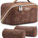 BOYATU Travel Makeup Bags Cosmetic Organizer Bag: 3 Pcs Set Large Capacity Floral Make up Bag with Compartments - Waterproof Leather Toiletry Bags with Handle for Women (19-Brown)