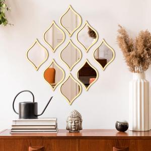 Tanlade 9 Pcs Teardrop Mirror Wall Decor Acrylic Gold Frame Tear Drop Decorative Mirror Wall Art Boho Vintage Farmhouse Gifts Decor for Apartment Living Room Bathroom Bedroom, 9.8 x 6.7 Inch