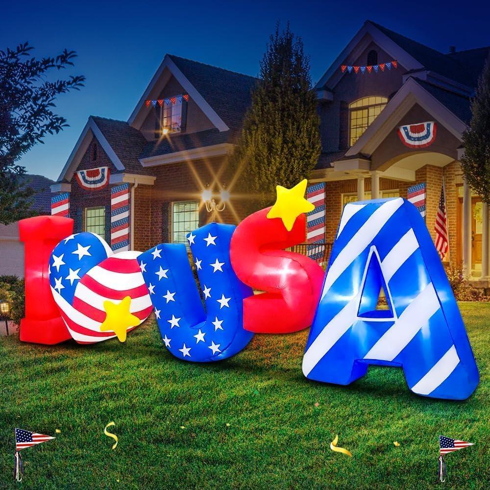 8FT Patriotic Independence Day 4th of July Inflatable Outdoor Decoration, Inflatables ILOVEUSA Decor, Built in LED Lights Blow Up Fourth of July Decor for Holiday Party Garden Yard Lawn