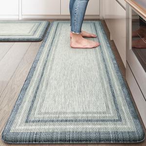 KIMODE Anti Fatigue Kitchen Mats 2PCS, Non-Slip Waterproof Kitchen Rugs, Cushioned Kitchen Mat for Floor, Comfort Standing Mat for Sink, Laundry, Office, Desk Blue and Grey 20"x47"+20"x32"