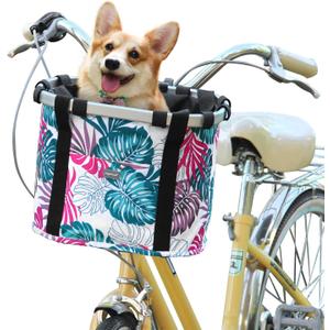 RAYMACE Bicycle Basket Dog Bike Handlebar Basket Front, Folding Detachable Quick Release Easy Install, Cycling Picnic Bag (Pink Palm Leaf)