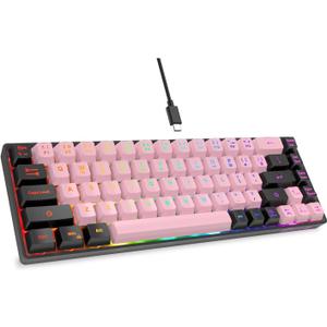 65% Wired Gaming Keyboard, LED Backlit, Ultra-Compact Anti-Ghosting No-Conflict 68 Keys Membrane Gaming Wired Keyboard for PC Laptop Windows Gamer(Pink-Black)