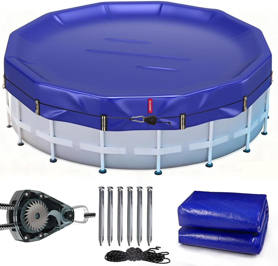 QH.HOME 24 ft Round Winter Pool Cover Extra Thick Above Ground Pool Cover with Fast Tightening Patented Ratchet, Tear and UV Resistant Swimming Pool Cover