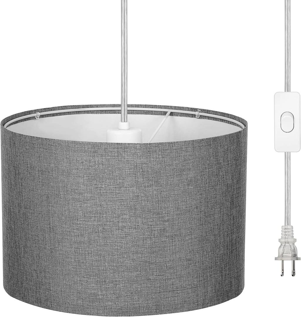 DEWENWILS Plug in Wall Light, Hanging Lamp with 15ft Clear Cord, On/Off Switch, Gray Fabric Lampshade, Hanging Light Fixtures for Bedroom, Kitchen, Living Room, Dining Room