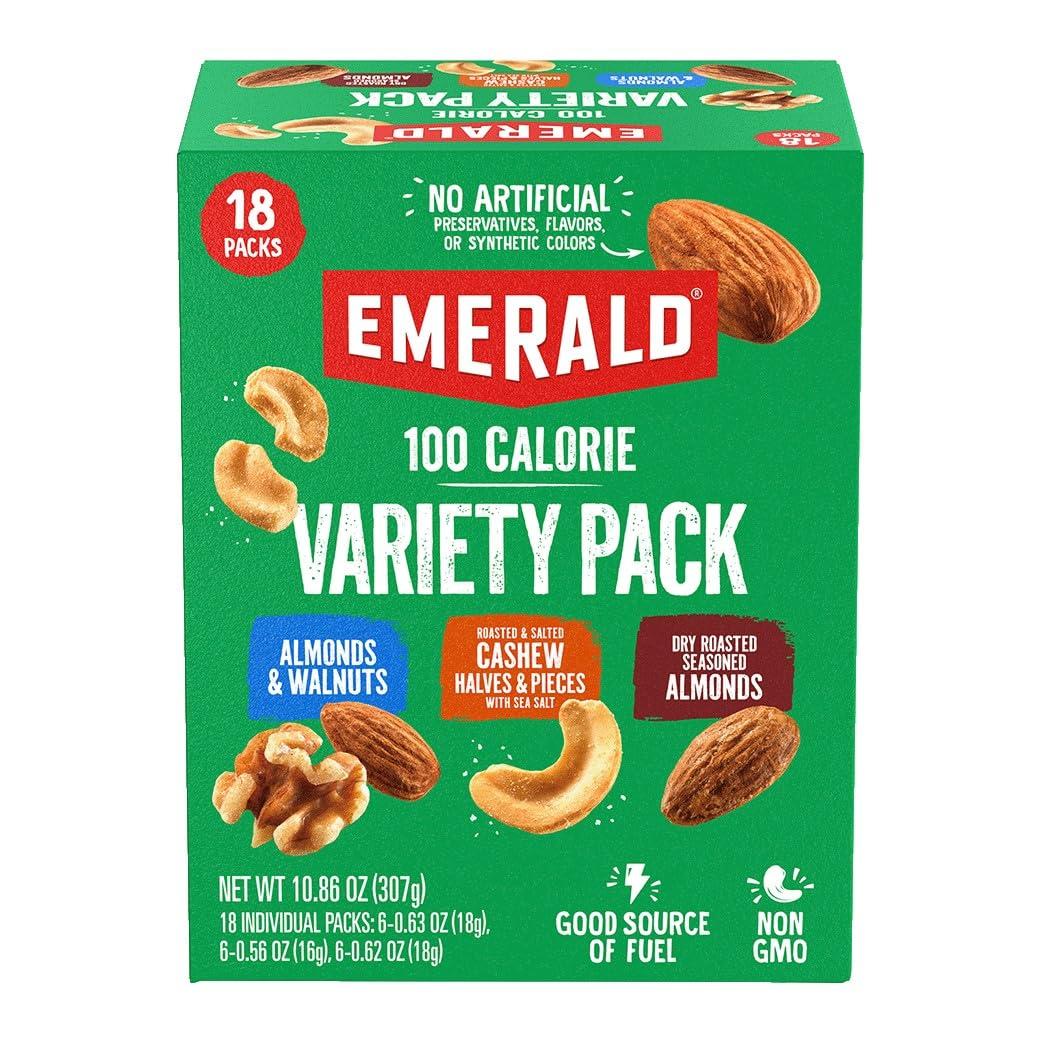 Emerald Nuts Mixed Nuts Variety Pack 18ct (1-Pack) , 100-Calorie Individual Packs , Features Dry Roasted Almonds, Natural Almonds & Walnuts, and Roasted & Salted Cashews (EXP 06/11/27)