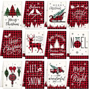 VitalCozy 12 Pcs Christmas Kitchen Towels and Dishcloths Buffalo Plaid Merry Christmas Tree Reindeer Truck Hand Dish Towels Decoration for Xmas Home Gift Supplies, 14.2 x 21.3 Inch