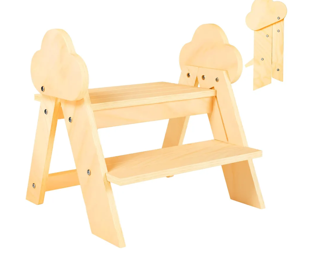 TinyHaven Wooden Toddler Step Stool, 2Step Foldable Stool for Kids with NonSlip Surface, Baby Bathroom Stool for Potty Training, Bathroom Sink, Kitchen Counter with Cute Cloud Design, Natural