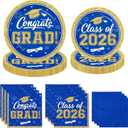Graduation Plates and Napkins 2026,200pcs Blue and Gold Graduation Decorations 2026 Disposable Congrats Grad Paper Plates for Class Of 2026 Party Supplies,Serve 50