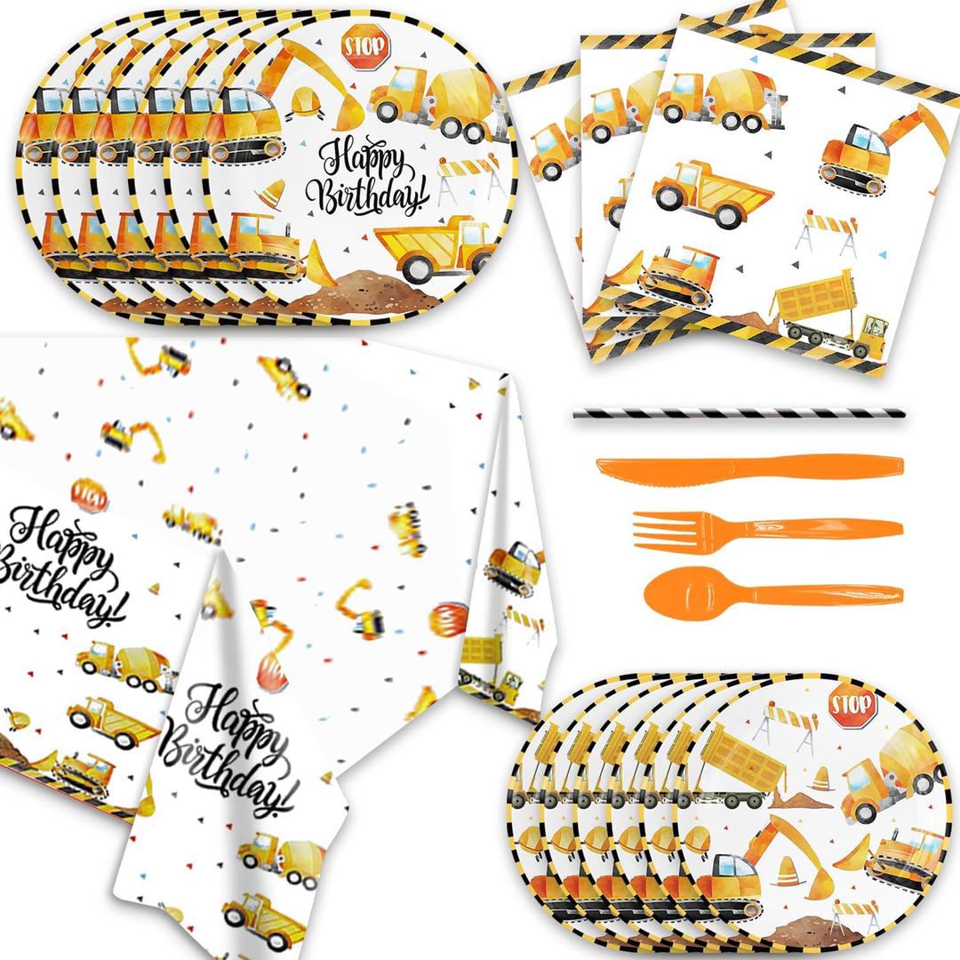 141Pcs Construction Birthday Party Supplies Construction Plates, Cups, Napkins, Forks ,Knives,Straws,Boys Baby Shower Excavator Construction Birthday Party Decorations