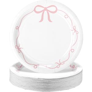 Havawish 50 Pcs Pink Bow Birthday Party Supplies 9 Inch Pink Bow Paper Plates Coquette Bachelorette Tableware Decorations Dinner Plates for Birthday Bachelorette Bridal Baby Shower Party
