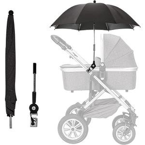 Baby Stroller Parasol, Universal Umbrella with Clamp, 360 Degree Adjustable UV Protection Stroller Sun Shade, Waterproof Umbrella for Trolley, Bike, Wheelchair, Beach Chair (Black)