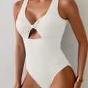 Aidonger Women's Swimsuit Ribbed Tummy Control One Piece Bathing Suit Twist V Neck Swimwear Metal Buckle Backless Swim Suit (White, S)