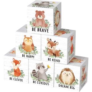 6 Pcs 1.6 Inch Inspirational Woodland Nursery Decor Animals Wall Decor Stuff Wooden Forest Animals Bear Raccoon Lion Fox Block Safari Creature Christmas Table Decoration