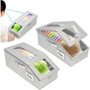 2 PCS Stackable Hat Storage Boxes for Baseball Caps, Holds up to 30 Caps, Durable Hard Plastic & Reinforced Cardboard, Smooth Zipper, Easy Assembly, with Clear Windows