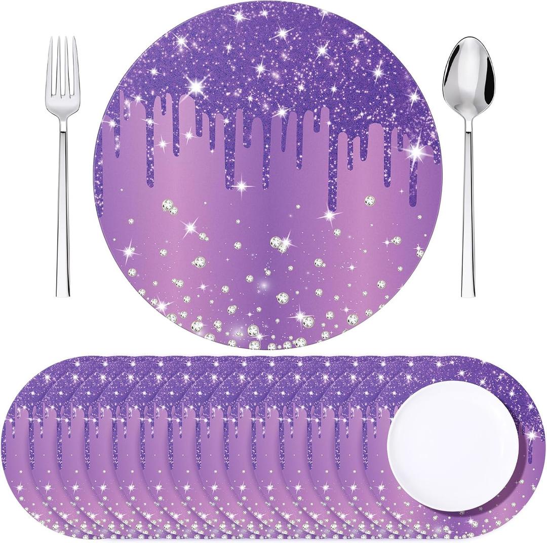Dispowreath 120 Pieces Purple Placemats 13 Inch Glitter Diamonds Round Disposable Table Mats Decorative Paper Mats for Dining Wedding Birthday Purple Glitter Banquet Party