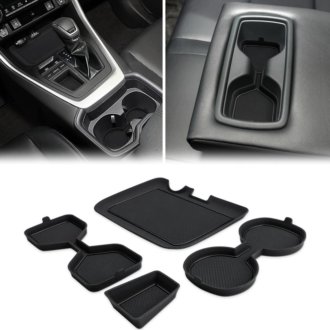 Auovo 3D Cup Holder Insert Liners Compatible with Toyota RAV4 Accessories 2025 2024 2023 2022 2021 2020 2019 Car Custom Cup Holder Mats Pads 4-pc Set (Black Trim)
