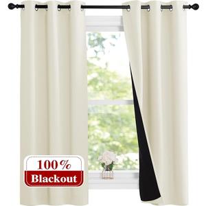 NICETOWN Cold Reducing Curtains, Kitchen Short Full Blackout Curtain Panels, Great Job for Blocking Light, Complete Blackout Draperies with Black Liner for Night Shift (Beige, Set of 2, 37 by 63-inch)