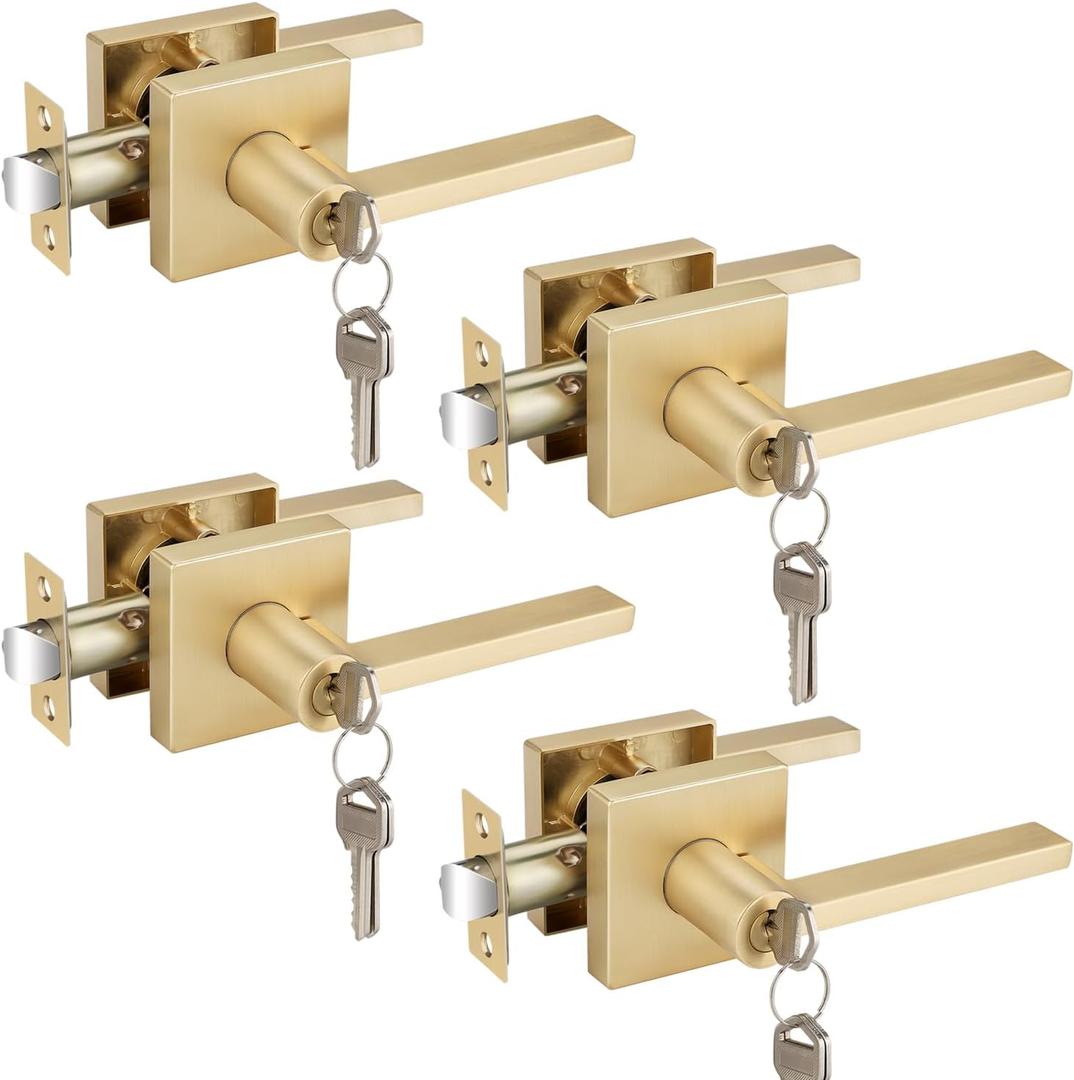 EHOMEWARE 4 Pcs Door Handles Keyed Alike, Satin Brass Door Knobs Interior Modern Door Hardware & Locks, Heavy Duty Door Knobs with Lock and Key, Entry Exterior Door Levers