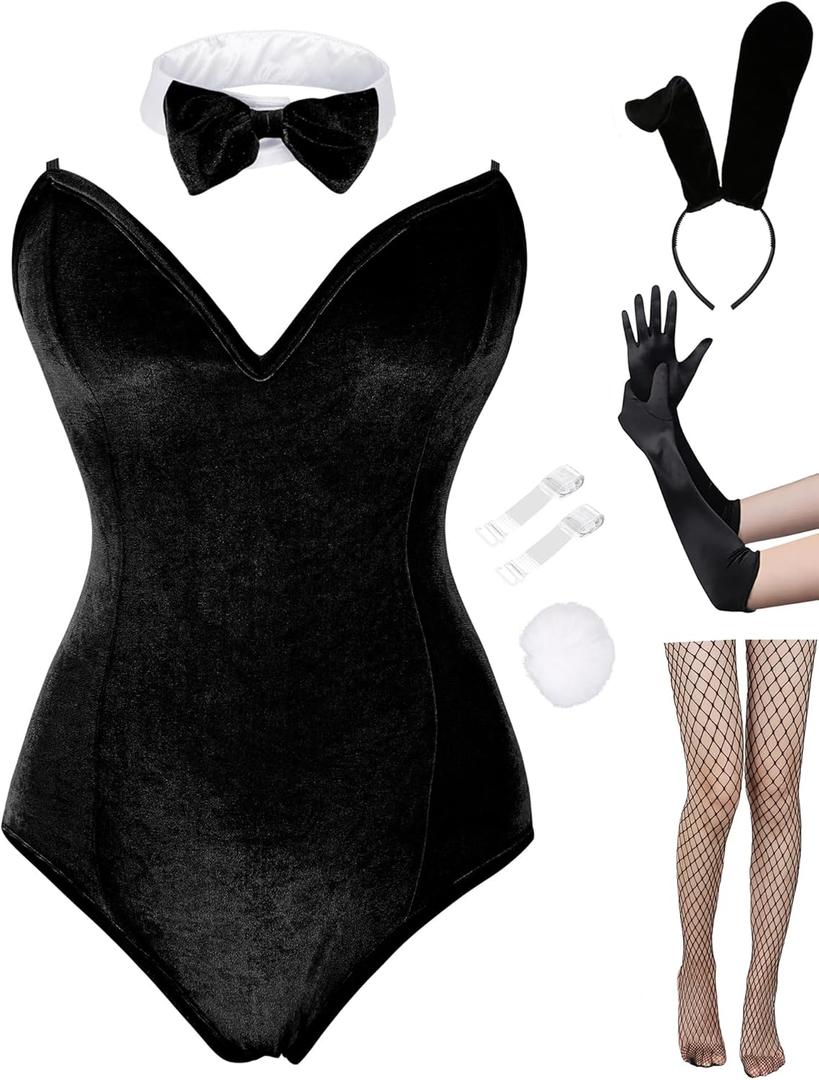 Angelaicos Womens Bunny Costume Set Senpai Cosplay Halloween Roleplay Bodysuit Stockings (Medium, Velvet-Black)