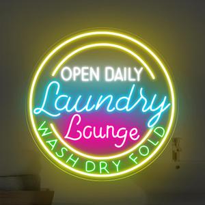 Laundry Lounge Open Neon Sign for Laundromat Storefront Business Decor, 18.9x18.9"