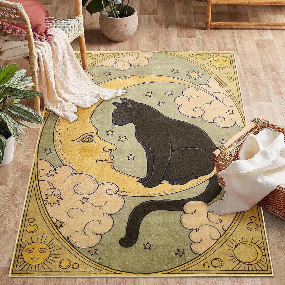 Area Rugs for Bedroom Boho Washable Rug for Living Room Cute Celestial Retro Abstract Bohemian Moon Cat Stars Clouds Face Soft Rubber Backed Non-Slip Carpets for Nursery Room Home Decor 23x34
