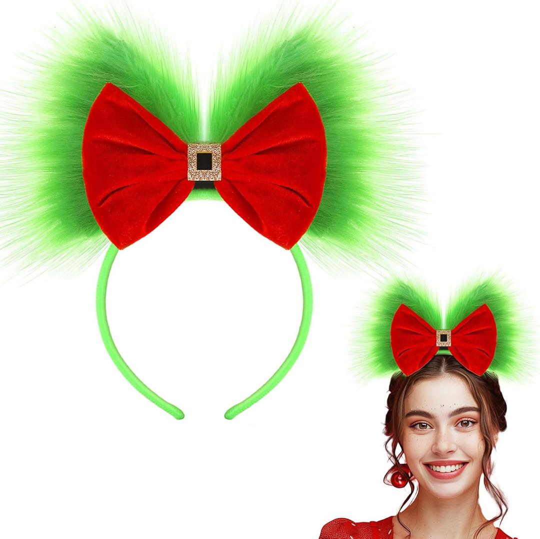 1 Pcs Christmas in July Bow Headband Large Furry Hair Bow Headband Fuzzy Pom Pom Costume Alien Hairband for Women Girls Accessories Holiday Party (Green,Red)