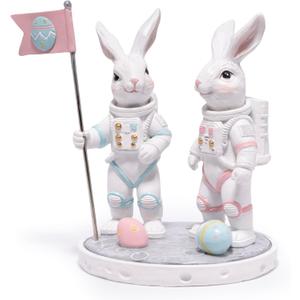 Hodao Astronaut Bunny Figurines, Artemis II Lunar Mission Inspired Space Decor, Resin Moon Rabbit Statues with Flag & Eggs, Cute Astronaut Gifts for Space Lovers, Office & Home Desk Decor