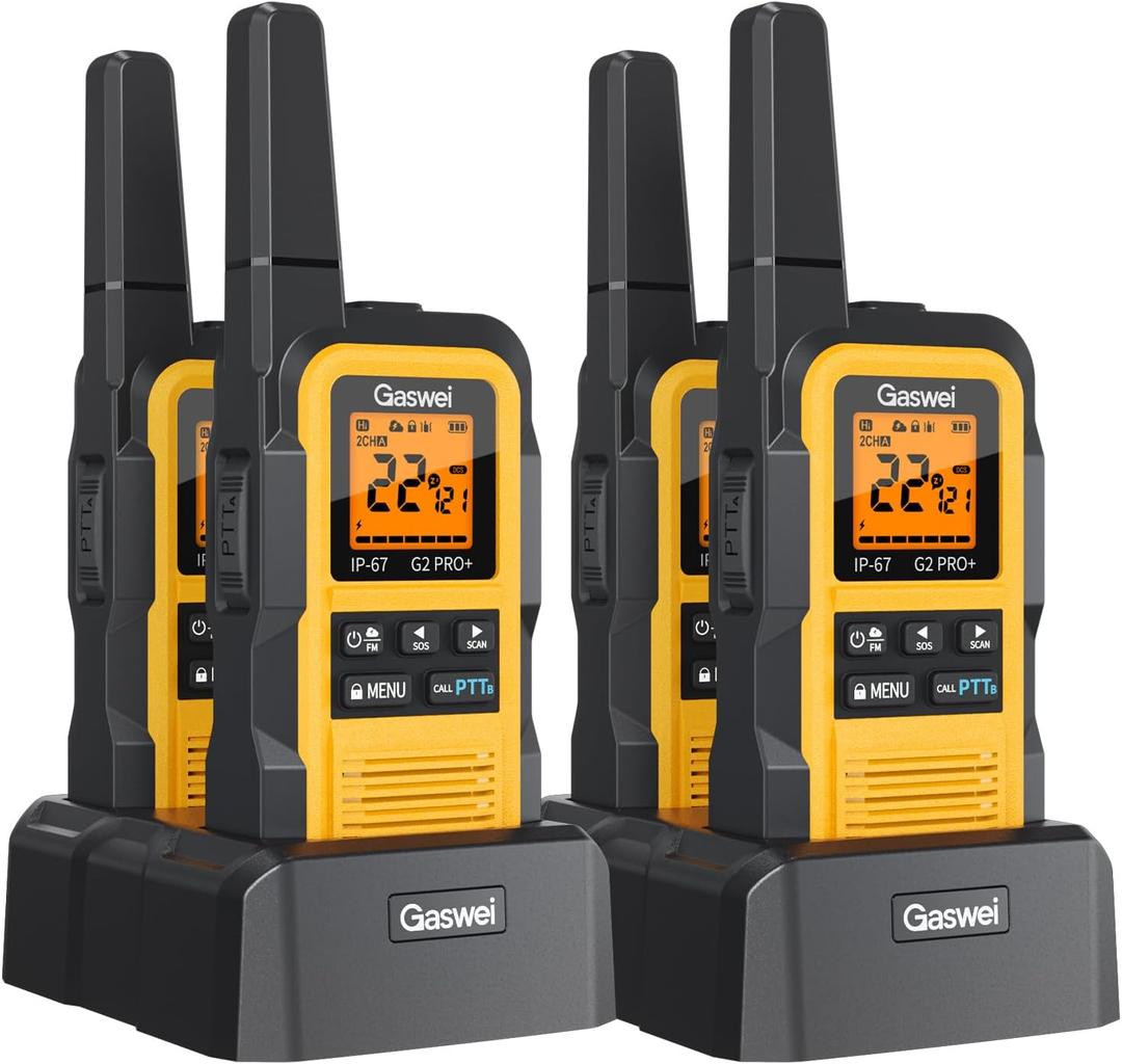 Gaswei G2Pro+ Heavy-Duty Walkie Talkies IP67 Waterproof Two-Way Radios with NOAA Weather Alert & Floating | 2-Watt Long Range for Job Sites, Hunting | Dual PTT, FM Radio, SOS, VOX​（4pack）