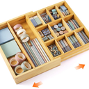 Bamboo Sliding Desk Drawer Organizer 12'' up to 15.7'' x 14'' x 2.2'' Expandable Office Desk Accessories Supplies Tray with 7 Compartments for Pens, Notebooks, Rulers, and Makeup Jewelry Vanity
