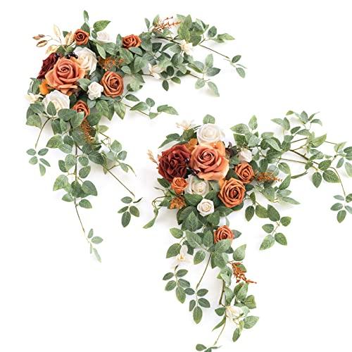 Ling's moment 2PCS Terracotta Arch Flowers Artificial Floral Swags Centerpieces Wedding Decor Mantel Faux Burnt Orange Rose Garland Arrangements for DIY Sweetheart Table Wall Window Welcome Signs