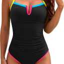 BMJL Womens One Piece Swimsuit Ribbed Tummy Control Bathing Suit V Wired Color Block Swim Suits 2026, Large